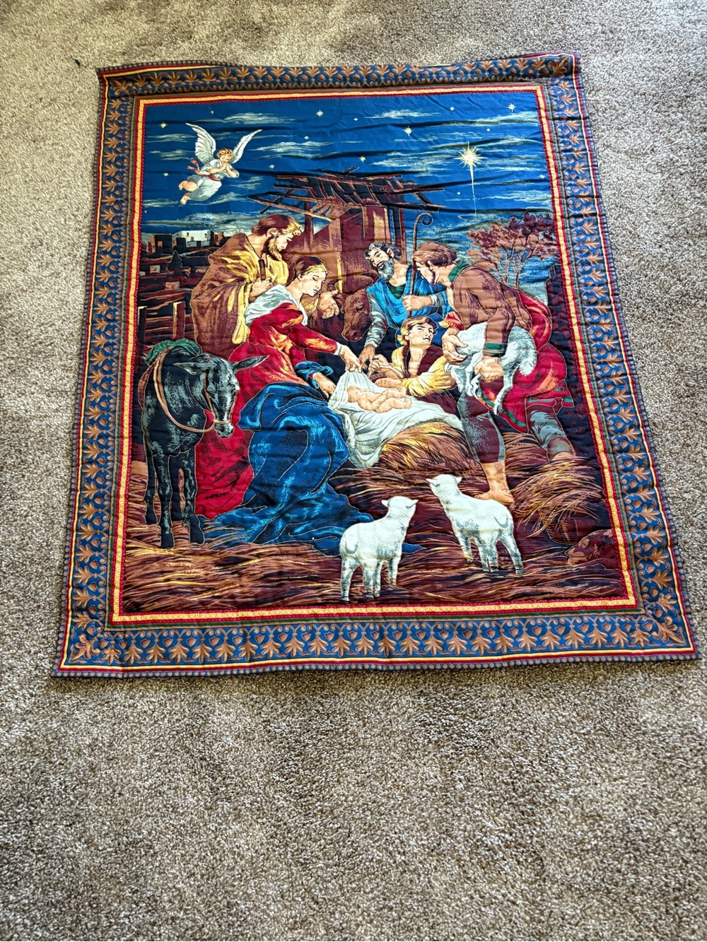 Nativity Scene Wall Tapestry - Blue and Multi Color